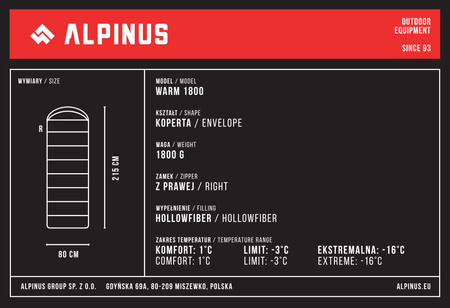 Śpiwór Alpinus Warm 1800 czarny Lewy +1C kemping, "koperta", pokrowiec