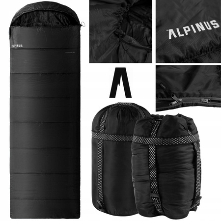 Śpiwór Alpinus Warm 1500 czarny Lewy, kemping 215x80cm "koperta" +3C,kaptur