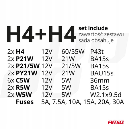 Zestaw zasobnik komplet żarówek zapasowych bezpieczniki 30 szt. H4 + H4